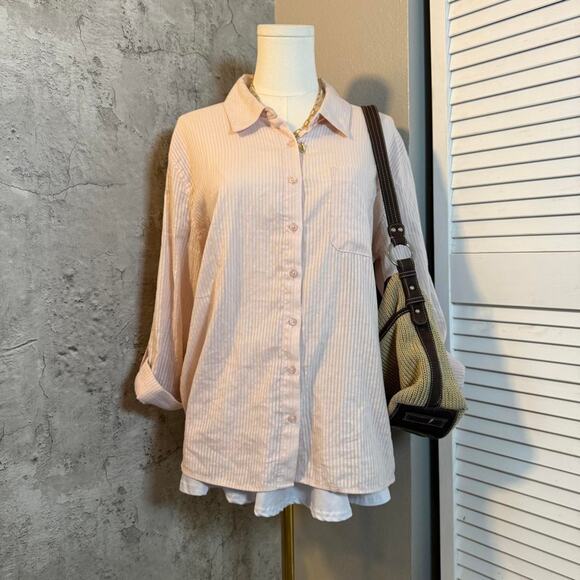 Pink Rose Striped Fall Button Up Shirt - Picture 1 of 5